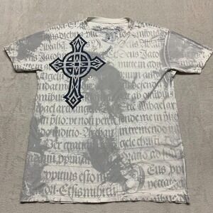 Vintage Y2K Affliction T Shirt Men XL Live Fast Raw Edge V Neck Cross Gothic MMA